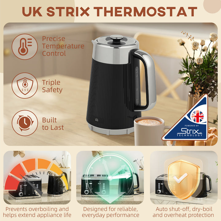 Electric Kettle and Toaster Set, 3000W 1.7L UK Strix Thermostat Rapid Boil Jug Kettle with Limescale Filter, Cool Touch Body, 4 Slice Toaster with 7 Browning Controls, Crumb Tray, Black