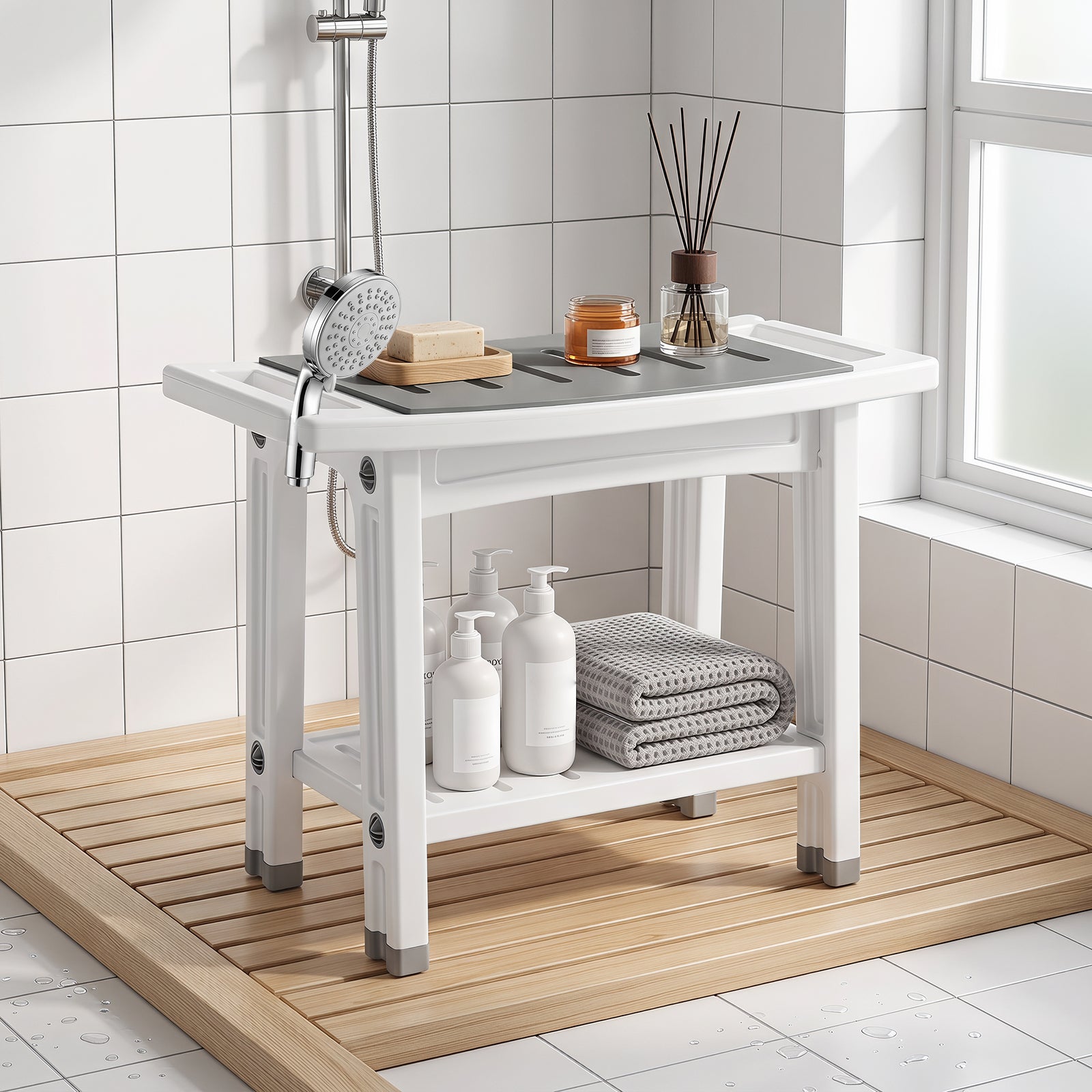 Shower Bench 2-Tier Shower Stool Bathroom with Shelf White and Grey