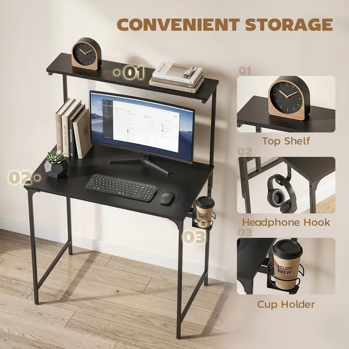 Computer Desk, 80cm Home Office Study Table with Hutch Shelf, Cup Hold