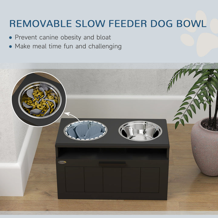 Raised Dog Bowl with Slow Feeder, Two Stainless Steel Dog Bowls, Drawer, for Large and Extra Large Dogs, Black
