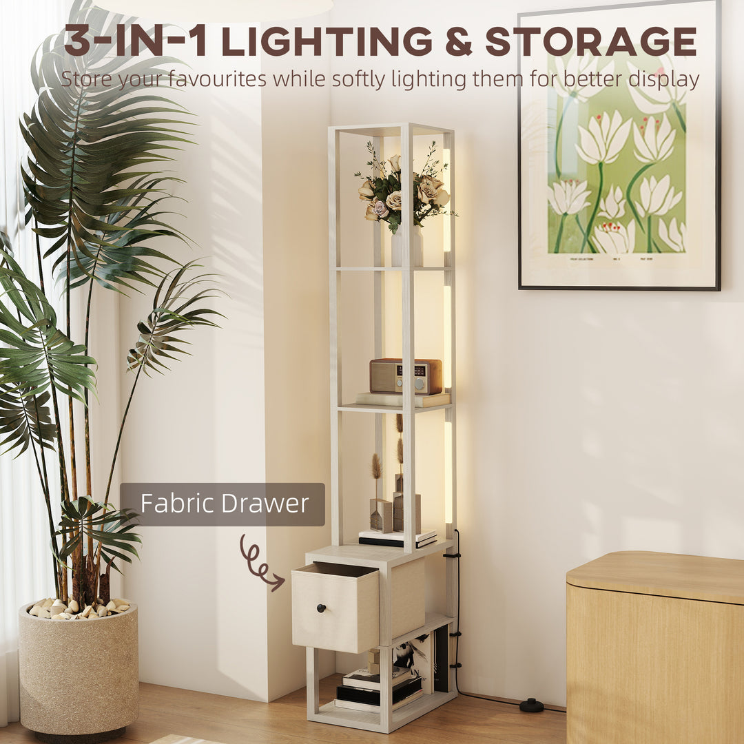 Floor Lamp with Shelves, LED Column Modern Standing Lamp with Fabric Drawer, Adjustable Brightness, Foot Switch for Living Room, Bedroom, Office, Oak
