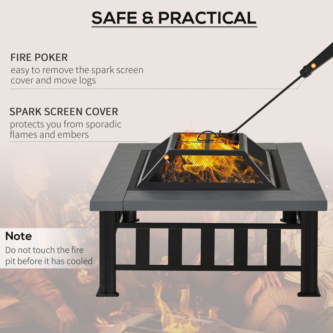 MCL Metal Large Firepit Outdoor Square Fire Pit Brazier with Rain Cover, Lid, Log Grate, Poker for Backyard, Camping, BBQ, Bonfire, Wood Burning Stove, 86 x 86 x 54cm, Black