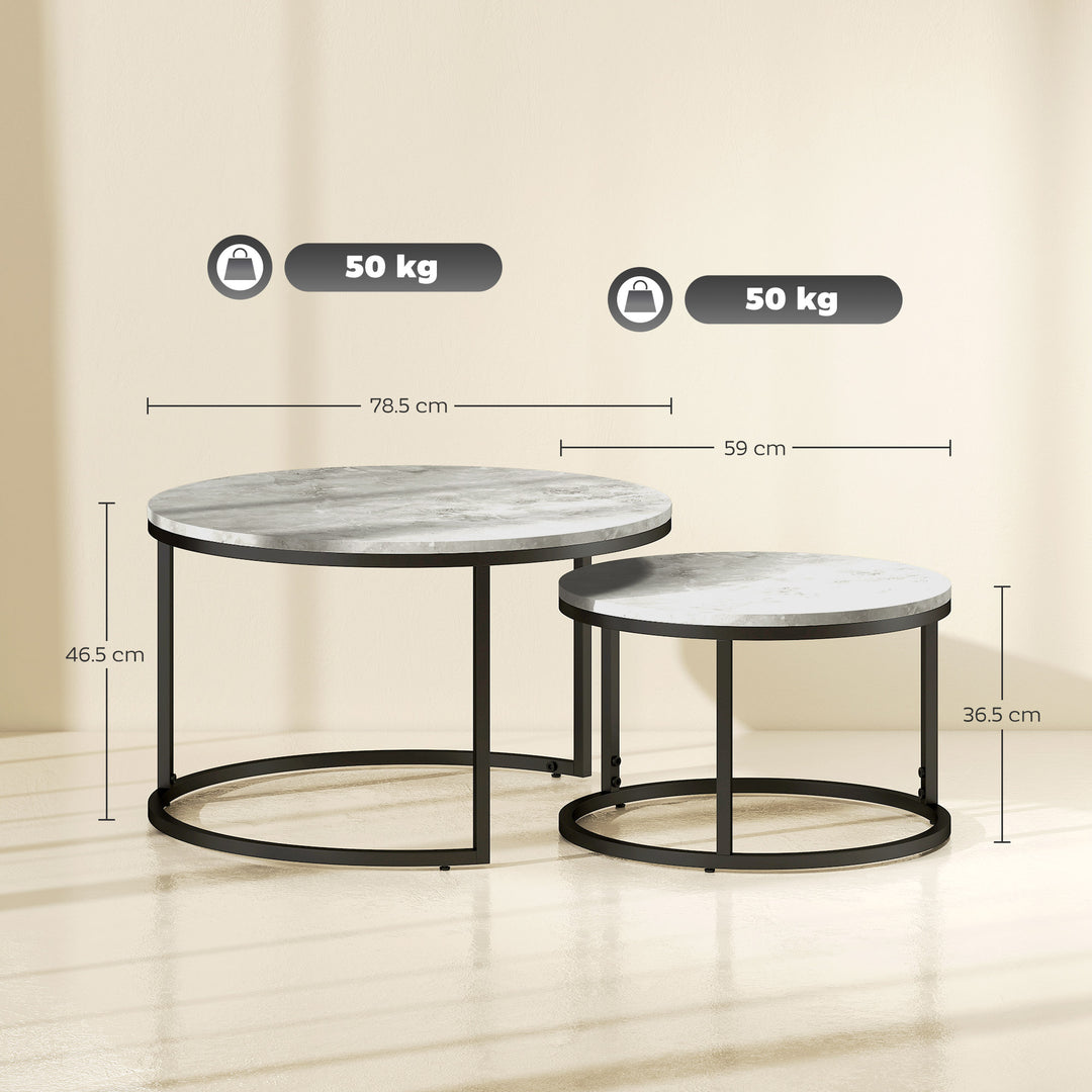 Set of Two Marble-Effect Stacking Tables - Wood Grey
