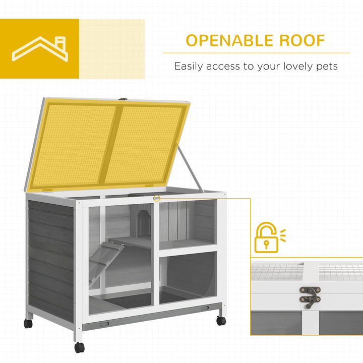 Wooden Rabbit Hutch Indoor with Wheels, Openable Roof, 91.5 x 53.3 x 73 cm, Grey