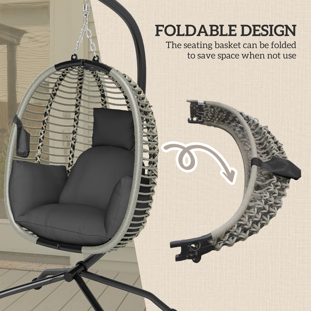 Outdoor Swing Chair with Thick Padded Cushion, Patio Hanging Egg Chair with Metal Stand, Foldable Basket, Cup Holder, Rope Structure for Indoor & Outdoor, Dark Grey