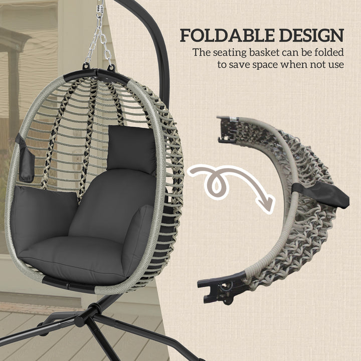 Outdoor Swing Chair with Thick Padded Cushion, Patio Hanging Egg Chair with Metal Stand, Foldable Basket, Cup Holder, Rope Structure for Indoor & Outdoor, Dark Grey