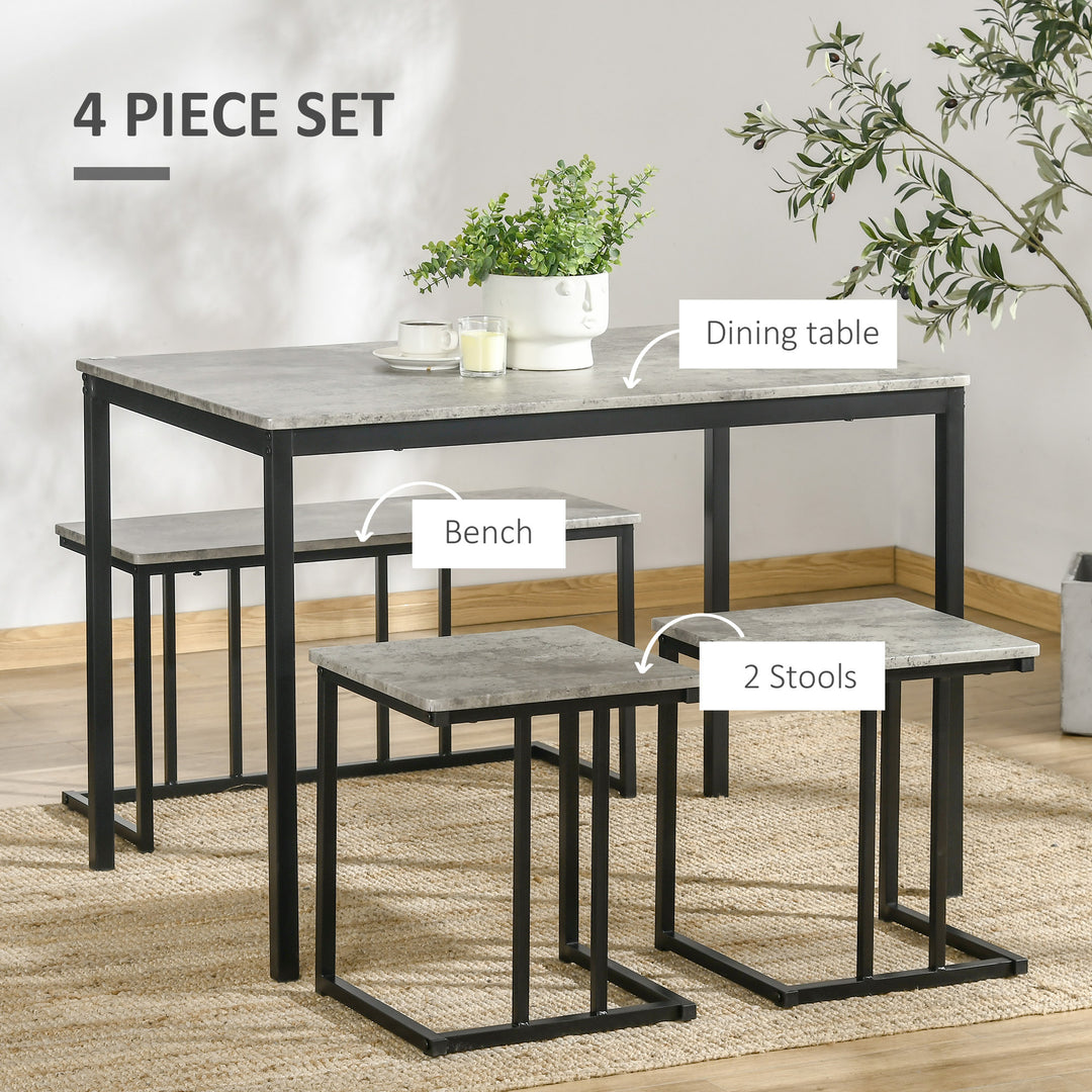 MCL Dining Table and Chairs Set for 4 People, Concrete Effect Kitchen Table and Bench Set with Steel Frame, 4 Piece Dining Room Sets, Grey