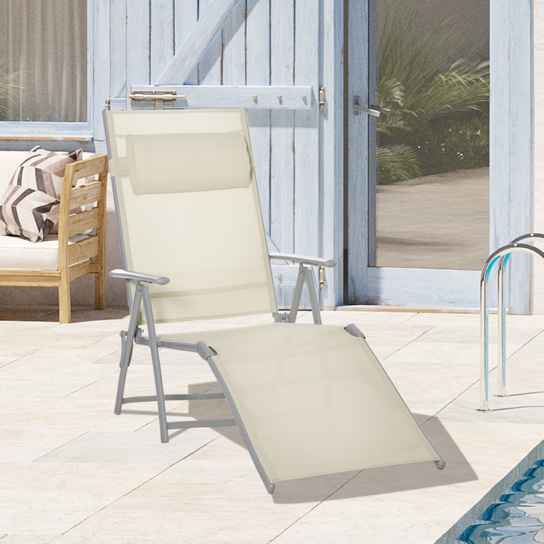 Steel Fabric Sun Lounger Outdoor Folding Chaise Lounge Chair Recliner with Portable Design & 7 Adjustable Backrest Positions - Beige