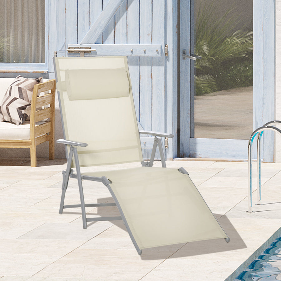 Steel Fabric Sun Lounger Outdoor Folding Chaise Lounge Chair Recliner with Portable Design & 7 Adjustable Backrest Positions - Beige