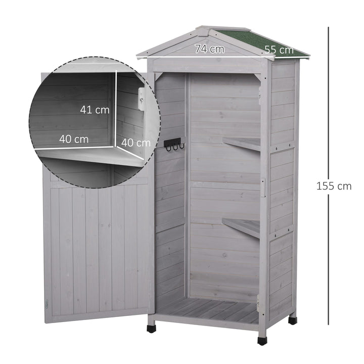 Wooden Garden Shed, Outdoor Storage Cabinet with 2 Shelves and Hooks, Locking Organiser Outdoor Narrow Tool House, 74x55x155cm, Grey