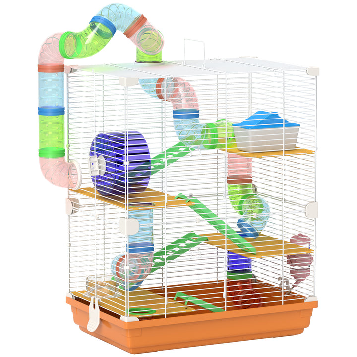 PawHut 5 Tier Hamster Cage Carrier Habitat w/ Exercise Wheels, Tunnel, Orange | Aosom UK