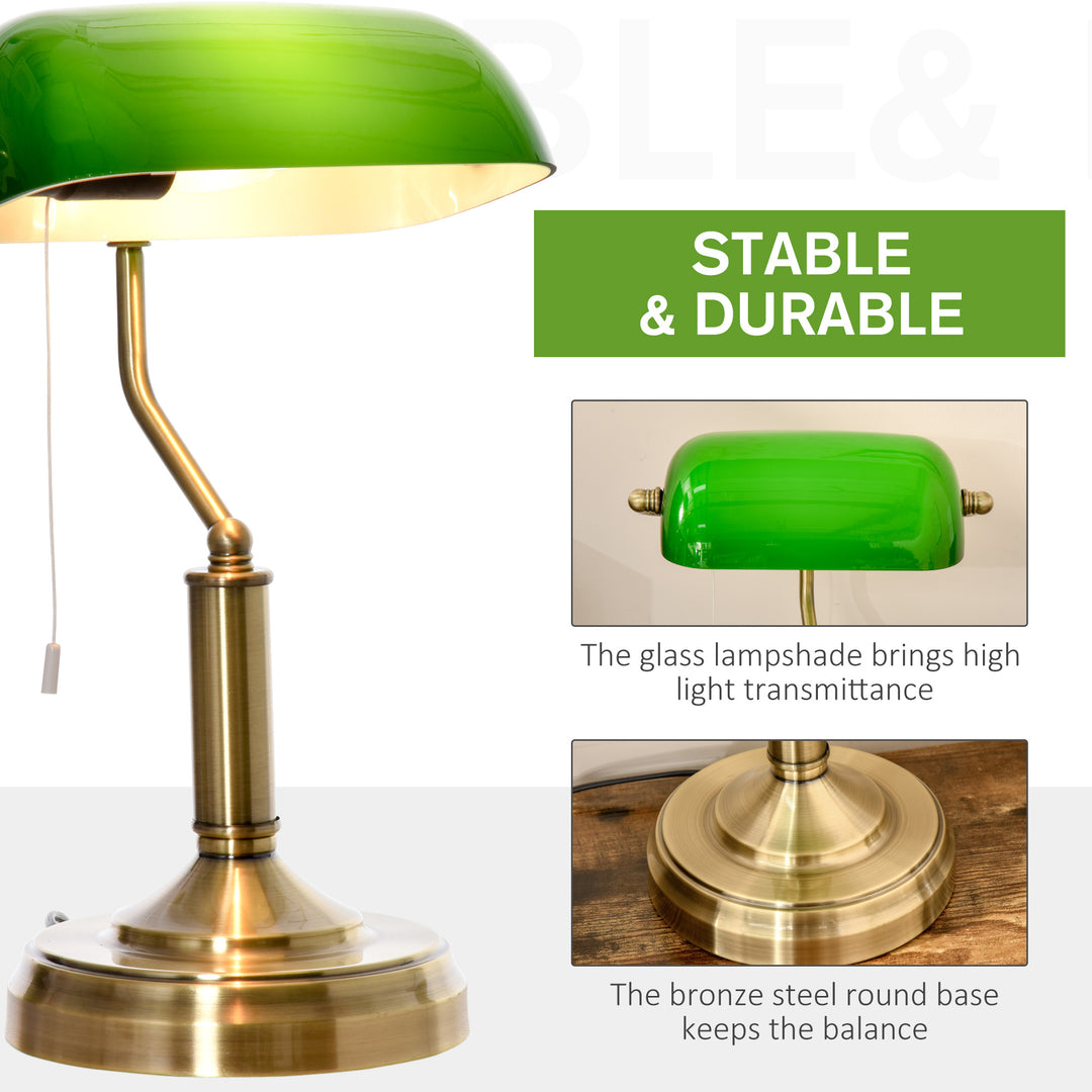 Banker's Desk Lamp with Antique Bronze Tone Base, Table Lamp with Green Glass Shade for Home Office, Green