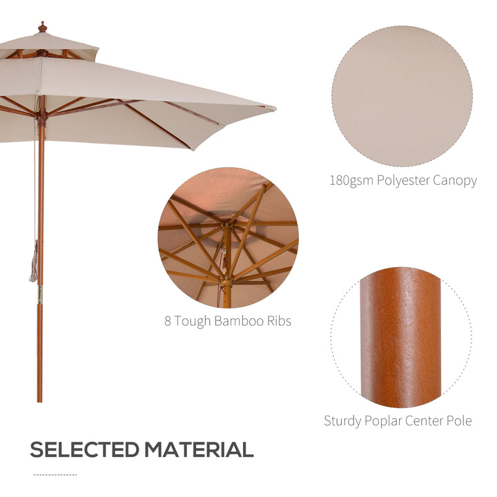 Outsunny Beige Parasol Patio 3x3M Double Tier Garden Sun Umbrella Sunshade Outdoor Wood Wooden Canopy Tier