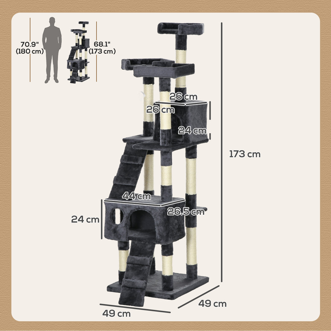 173cm Cat Tree Scratching House, Activity Play Centre, Charcoal Grey