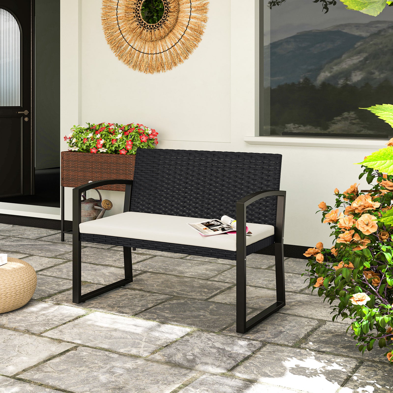 Two-Seater Rattan Garden Bench - Beige/Black