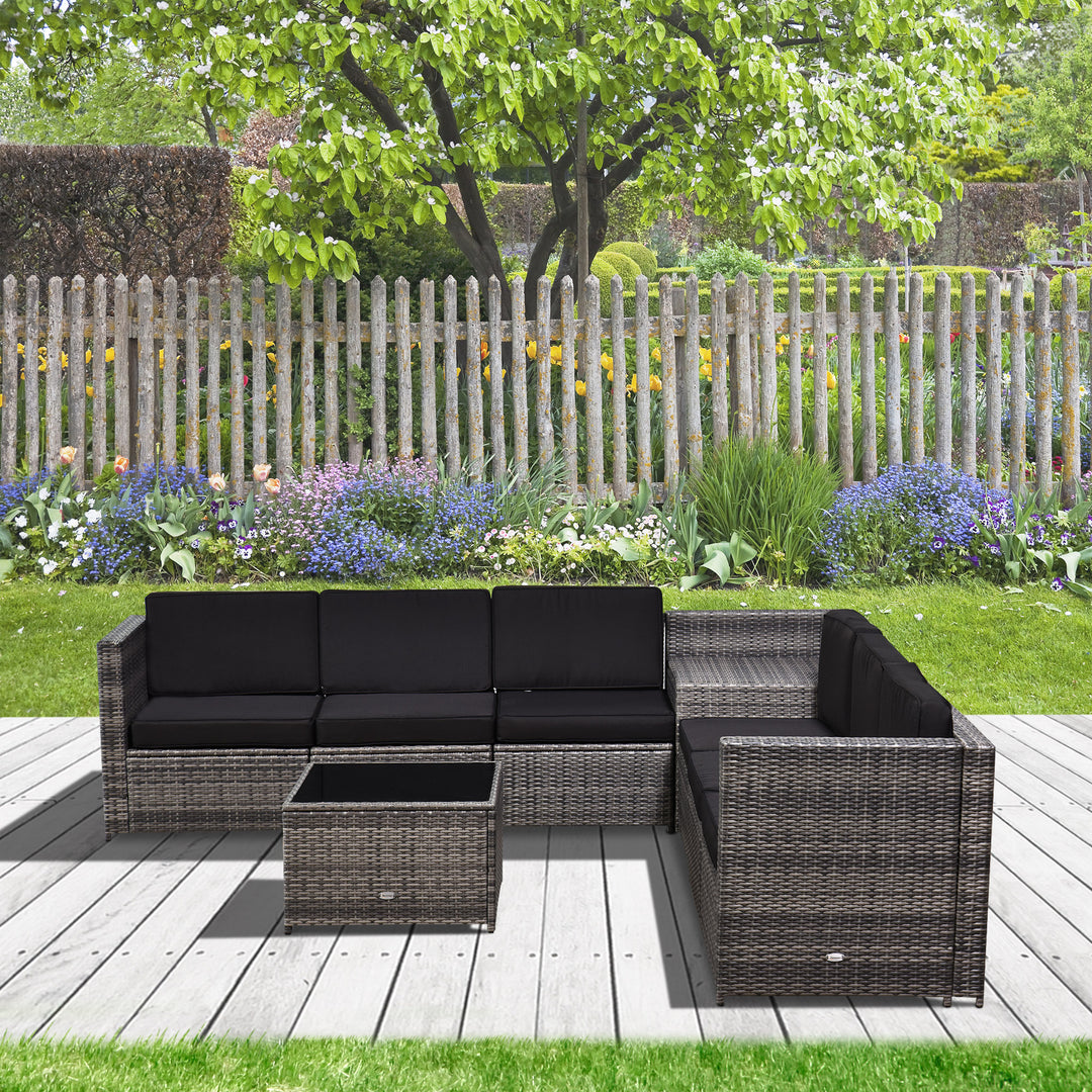 6-Seater Rattan Sofa Furniture Set W/ Cushions, Steel Frame-Grey