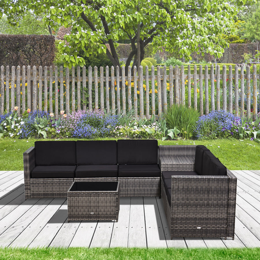6-Seater Rattan Sofa Furniture Set W/ Cushions, Steel Frame-Grey