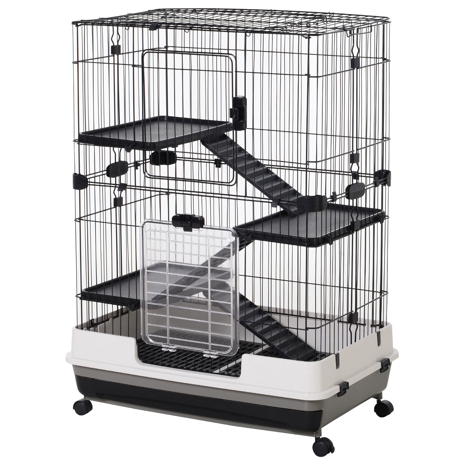Four-Tier Small Animal Cage, for Bunnies, Ferrets, Chinchillas w/ Wheels, Tray - Black