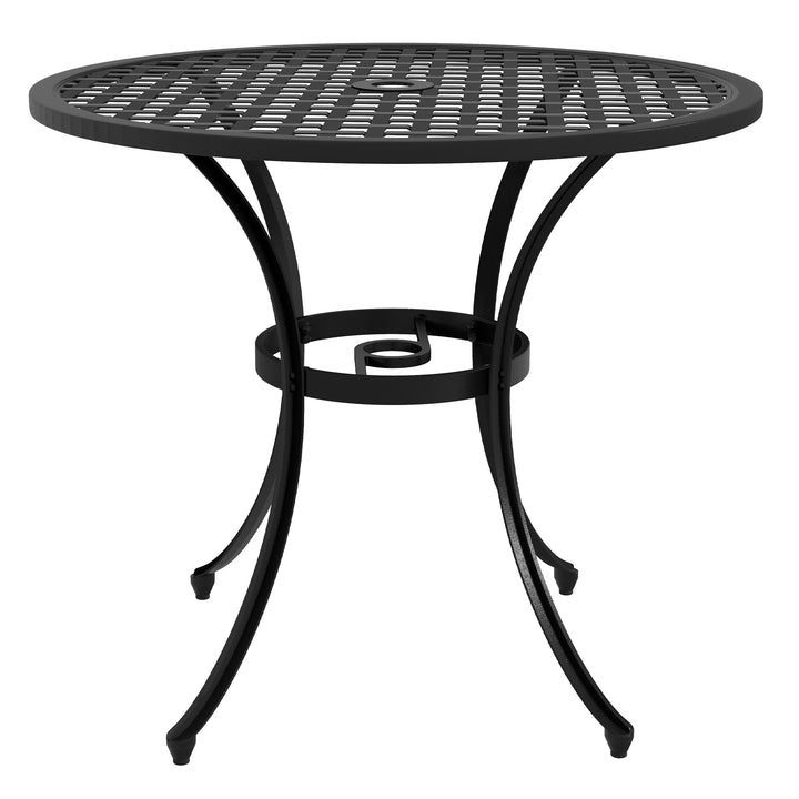 Outsunny Bistro Table, Cast Aluminium with Umbrella Hole, 85cm Round, for Balcony, Poolside, Black | Aosom UK