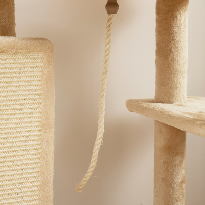 MCL 132cm Cat Tree w/ Scratching Posts, Pad, Cat Bed, Cat House, Jumping Platform, Grooming Brush, Anti-Tip Kit, Beige