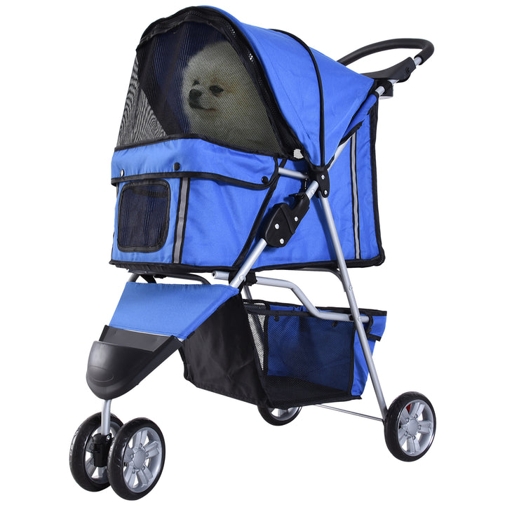 PawHut Dog Pram Cat Stroller Dog Stroller with Cup Holder, Bottom Storage Pocket & Zipper to Keep Your Pet Securely Strapped in, Blue | Aosom UK