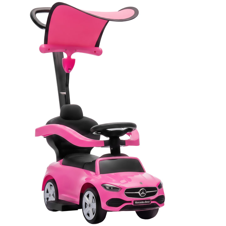 4 in 1 Licensed Benz Ride on Push Car with Handle, Canopy - Pink