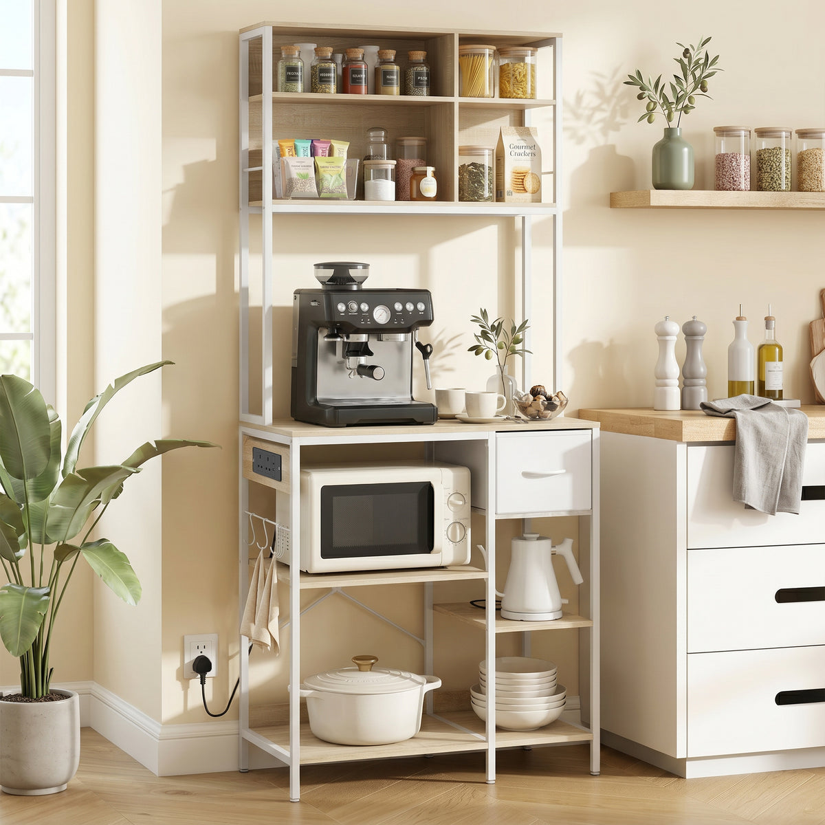 Kitchen Baker's Rack, Microwave Stand with Storage Shelves and 6 Hooks