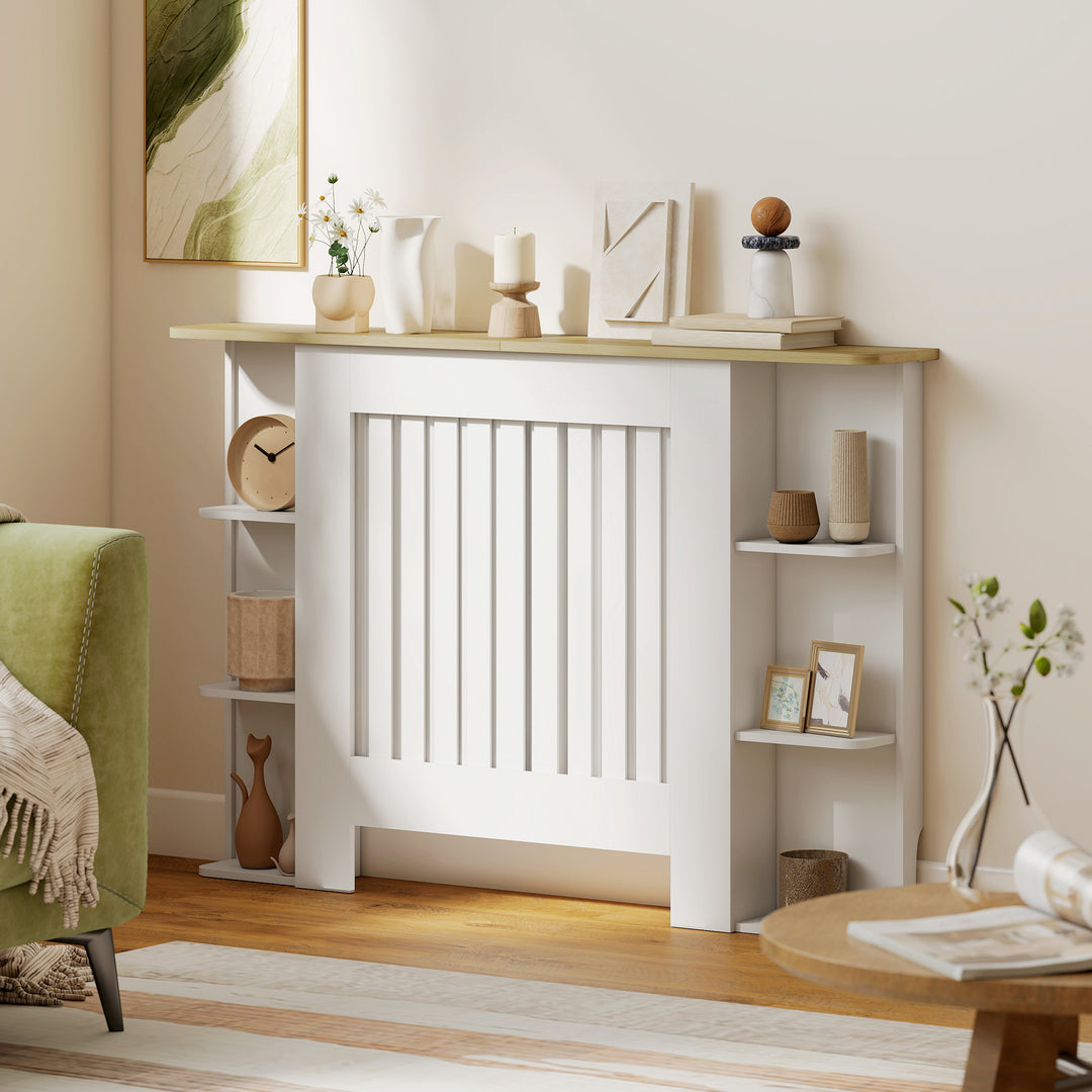 MCL Radiator Cover with Open Storage Shelves, Vertical Slatted Cabinet Shelf Heater Cover for Living Room, Hallway, Medium, White (H: 83 / W: 124 / D: 19 cm)