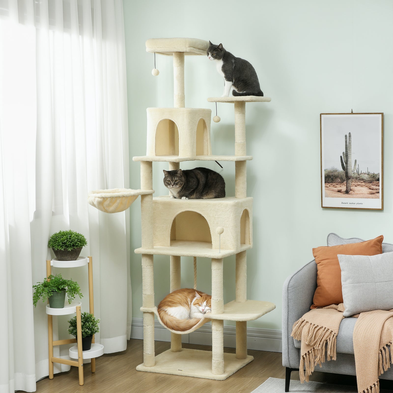 202cm Cat Tree with 6 Scratching Posts, 2 Hammocks, 2 Condos, 2 Perche