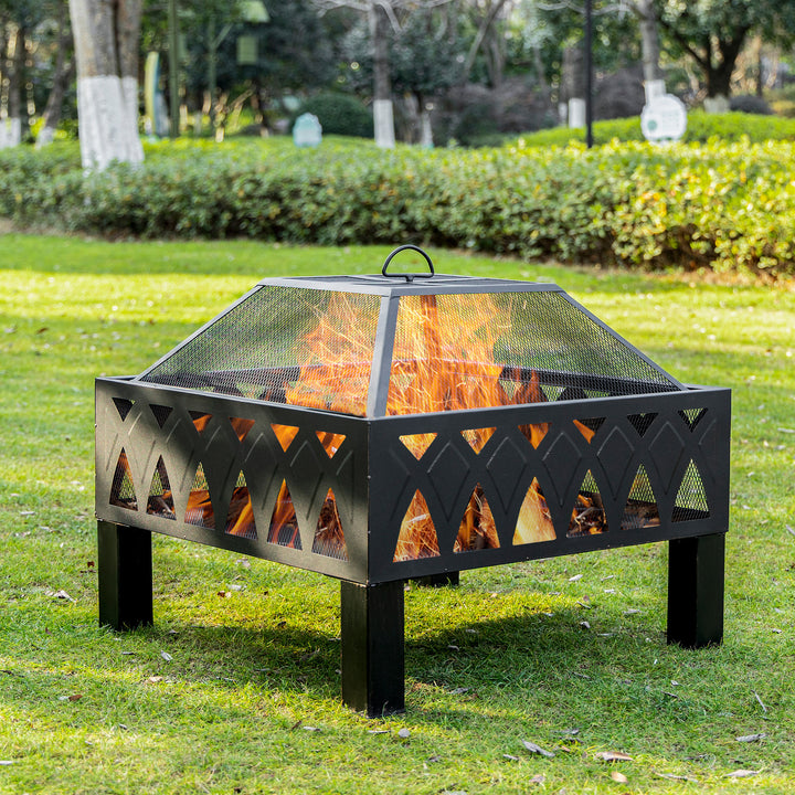 Outsunny Outdoor Fire Pit with Screen Cover, Wood Burning Log Bowl, Poker for Patio, Backyard, Black
