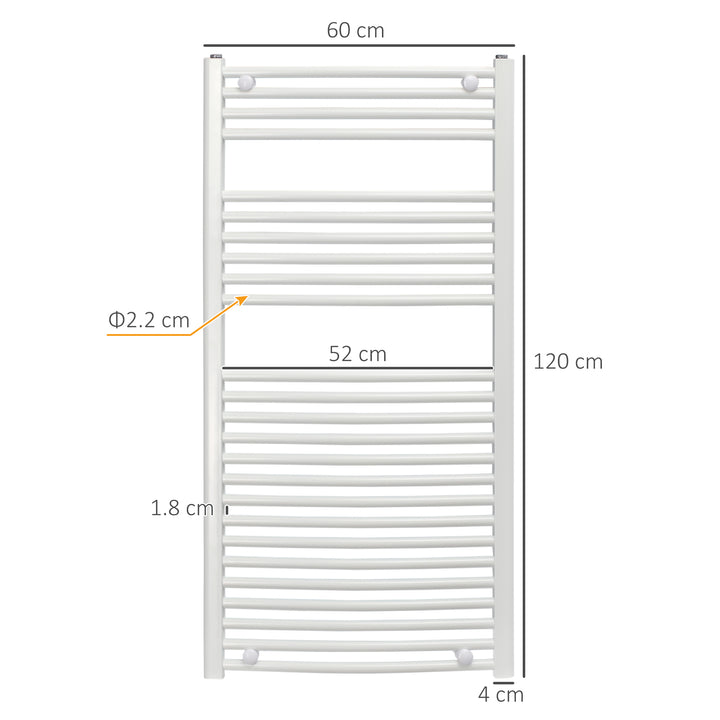 Curved Heated Towel Rail, Hydronic Bathroom Ladder Radiator Towel Warmer For Central Heating 600mm x 1200mm, White