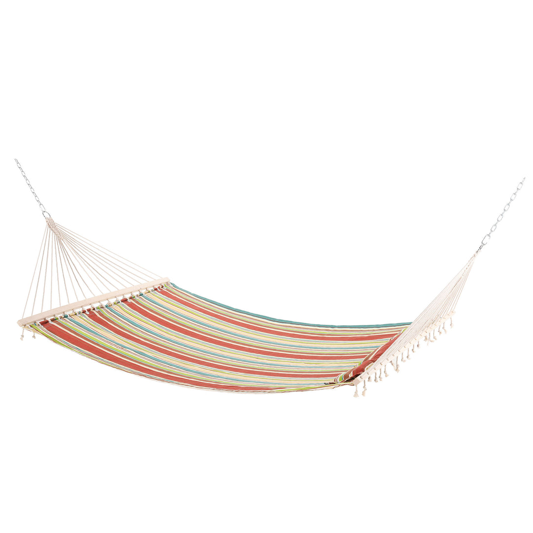 Double Cotton Hammock Camping Swing Outdoor Garden Beach Stripe Hanging Bed with Pillow, 188 x 140 cm, 180 KG Capacity, Red