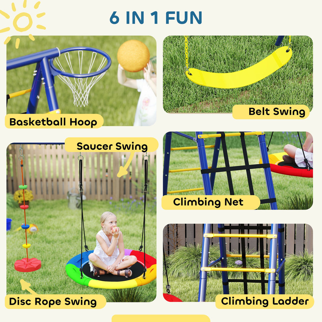 6 in 1 Metal Kids Swing Set with 3 Swings, Climbing Ladder &amp; Net, Bask