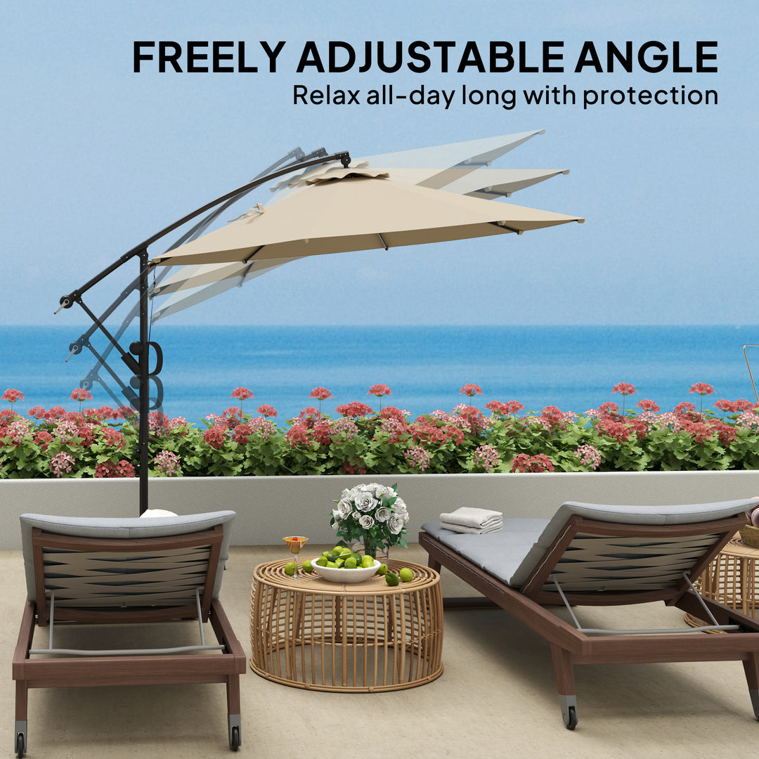 3(m) Garden Cantilever Parasol with Cover and Wind Protection Strap, Round Overhanging Umbrella with Crank Handle and Tilt, Banana Patio Umbrella for Outdoor Sun Shade, UPF50+, Khaki