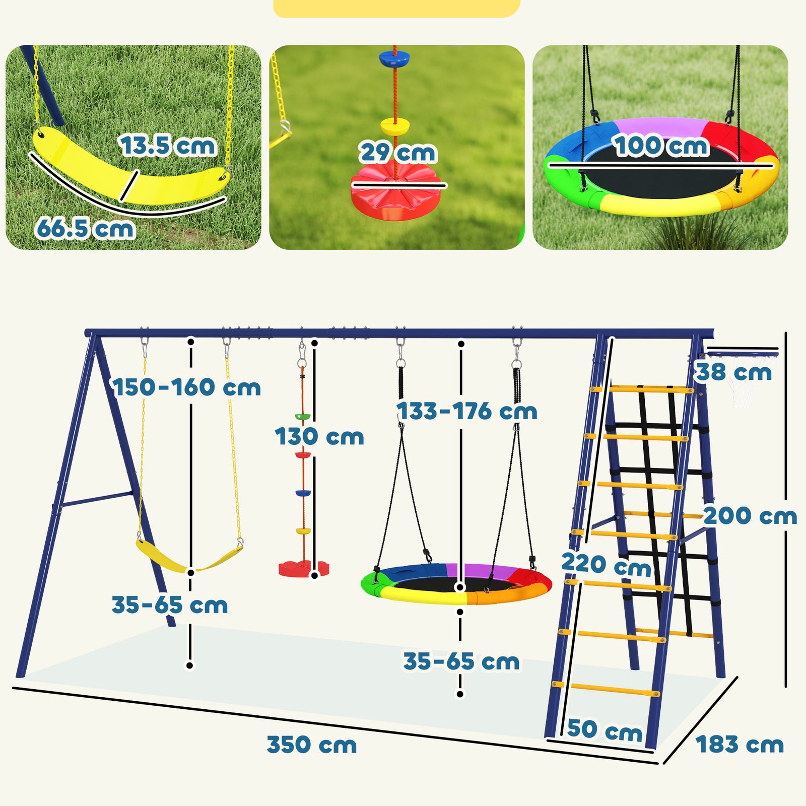 6 in 1 Metal Kids Swing Set with 3 Swings, Climbing Ladder & Net, Bask