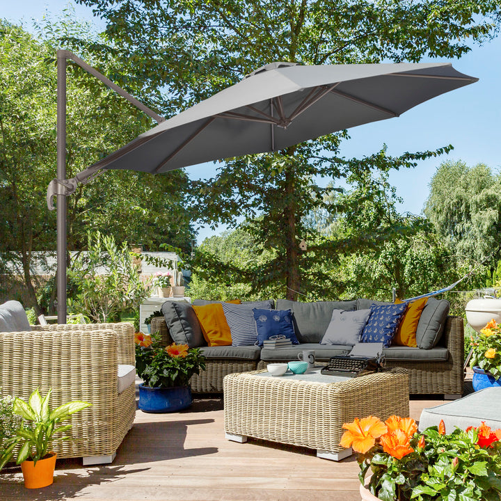 3(m) Cantilever Parasol 360° Rotation Roma Umbrella Hanging Sun Shade with Aluminium Frame, Tilt Crank, 8 Ribs and Cross Base, Dark Grey
