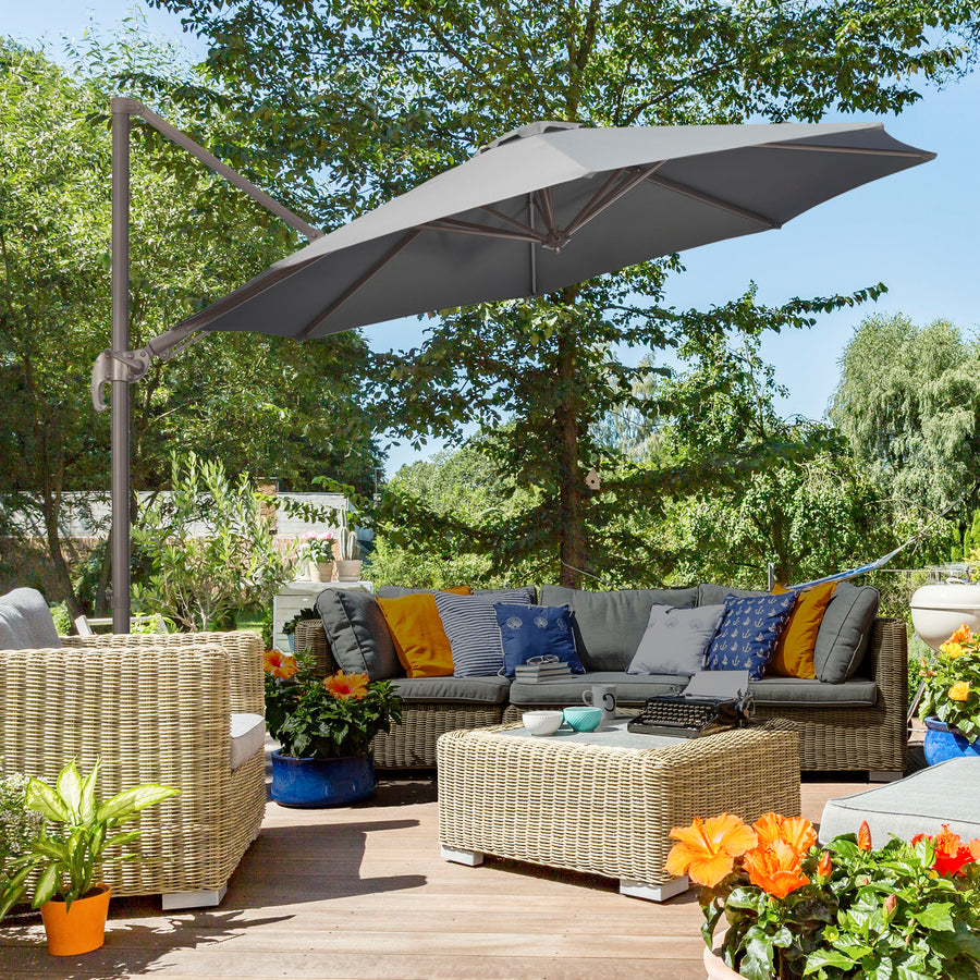 3(m) Cantilever Parasol 360° Rotation Roma Umbrella Hanging Sun Shade with Aluminium Frame, Tilt Crank, 8 Ribs and Cross Base, Dark Grey