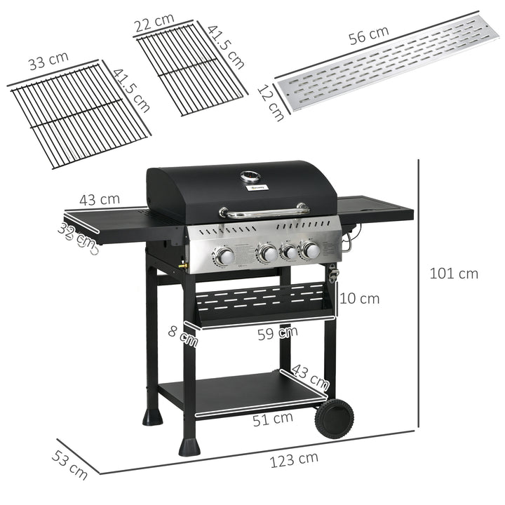 Outsunny Galvanised Steel 3+1 Gas Burner BBQ Grill Trolley, Black