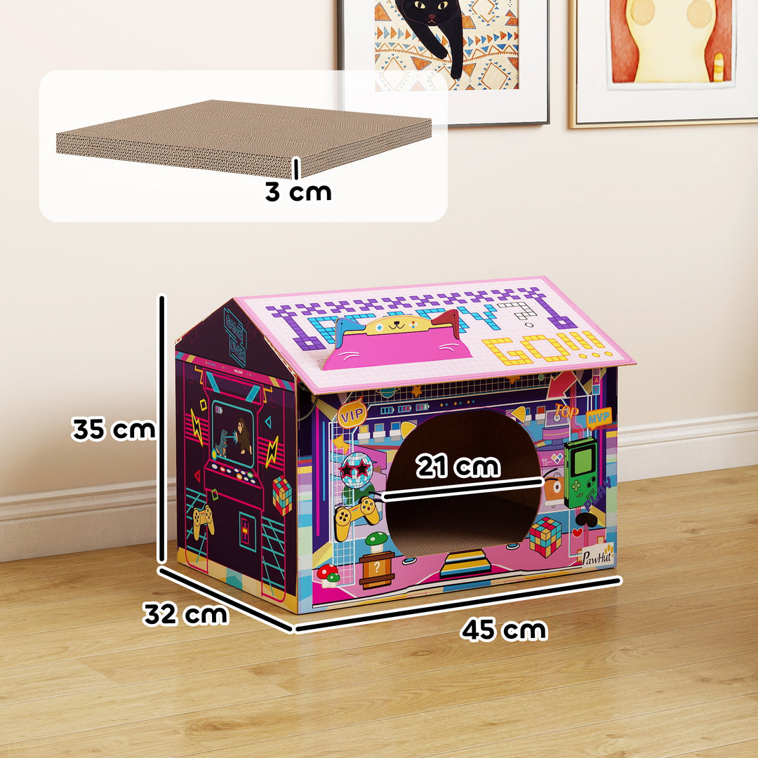 MCL 2 in 1 Gaming Style Cardboard Cat House with Scratching Board & Catnip for Indoor Cats, Pink