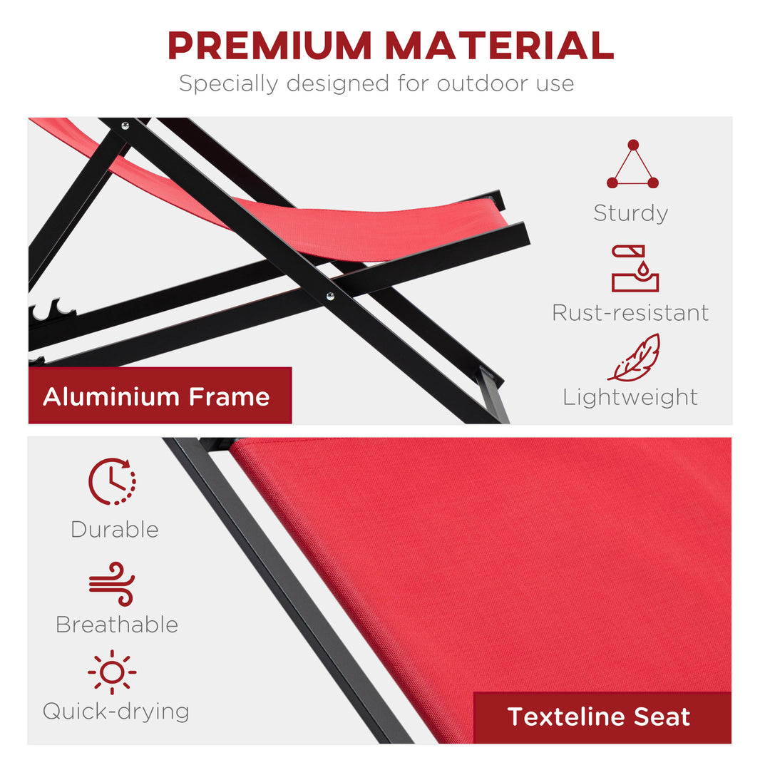 Set of 2 Folding Garden Beach Aluminium Frame Deck Chairs Deckchairs Seaside Folding Garden Patio Lounger, Red