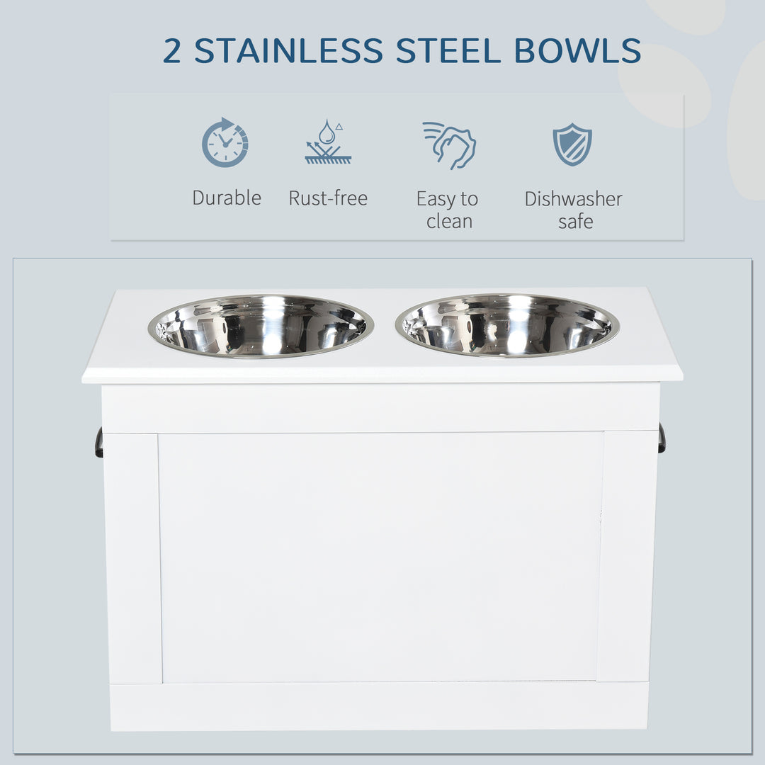 MCL Raised Dog Bowls, with Storage, Two Stainless Steel Bowls, Elevated Base - White