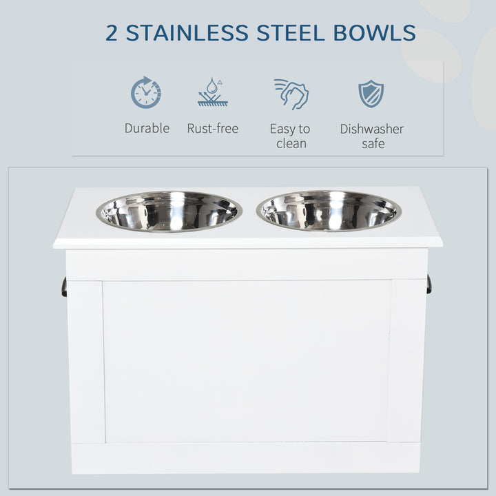 MCL Raised Dog Bowls, with Storage, Two Stainless Steel Bowls, Elevated Base - White