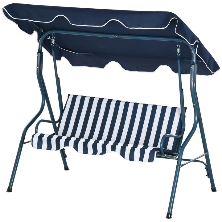 Outsunny Waterproof 3 Seater Garden Swing Seat Chair Outdoor Bench with Adjustable Canopy and Metal Frame, Blue Stripes | Aosom UK