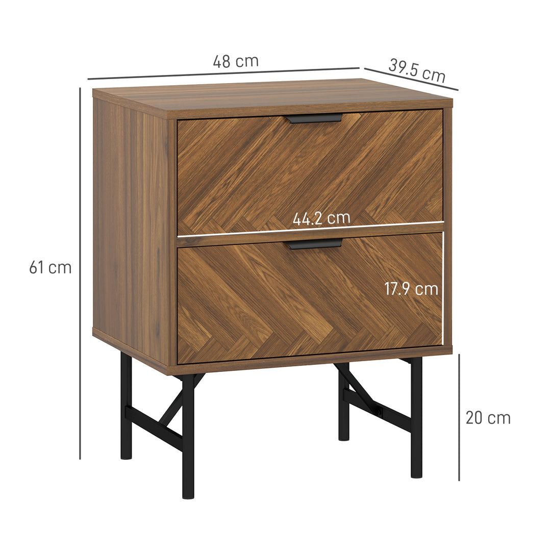 Bedside Table Set of 2 with 2 Drawers, Modern Side Tables with Herringbone Pattern and Metal Legs for Bedroom, Living Room, Walnut Brown