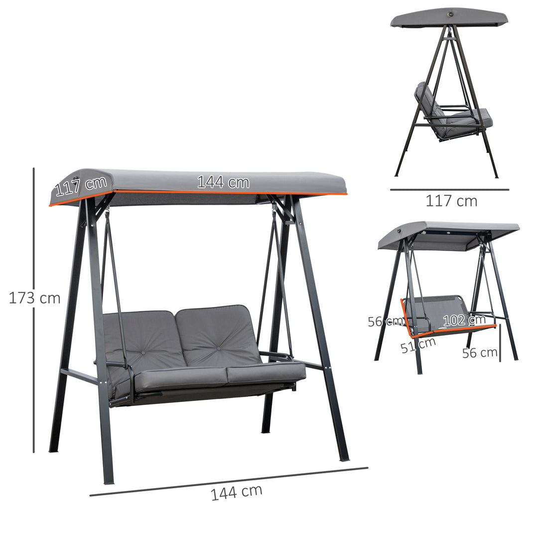 2 Seater Garden Swing Chair with Adjustable Tilting Canopy, Outdoor Hammock Bench with Steel Frame for Patio, Grey