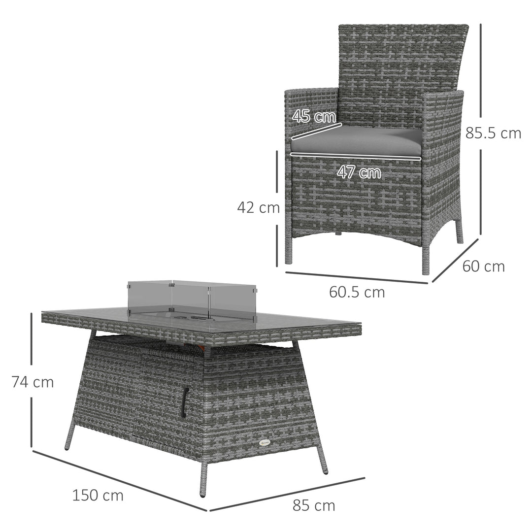 7 Pieces Outdoor Rattan Garden Furniture with Fire Pit Table, 6 Seater Garden Table and Chairs with Cushions, Rattan Dining Set with Propane Heater Table, Windscreen, 50,000 BTU, Grey
