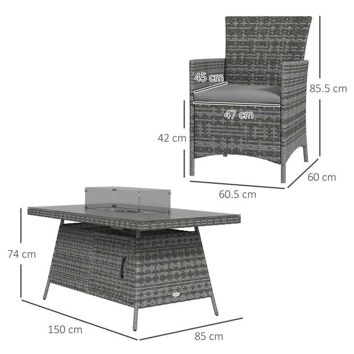 7 Pieces Outdoor Rattan Garden Furniture with Fire Pit Table, 6 Seater Garden Table and Chairs with Cushions, Rattan Dining Set with Propane Heater Table, Windscreen, 50,000 BTU, Grey