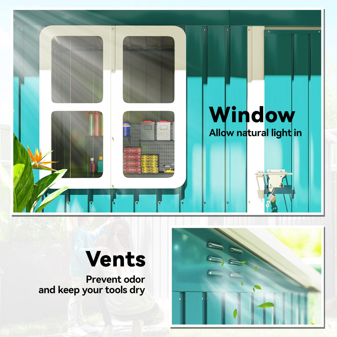 7 x 4ft Galvanised Steel Garden Shed, with Lock and Gloves - Green