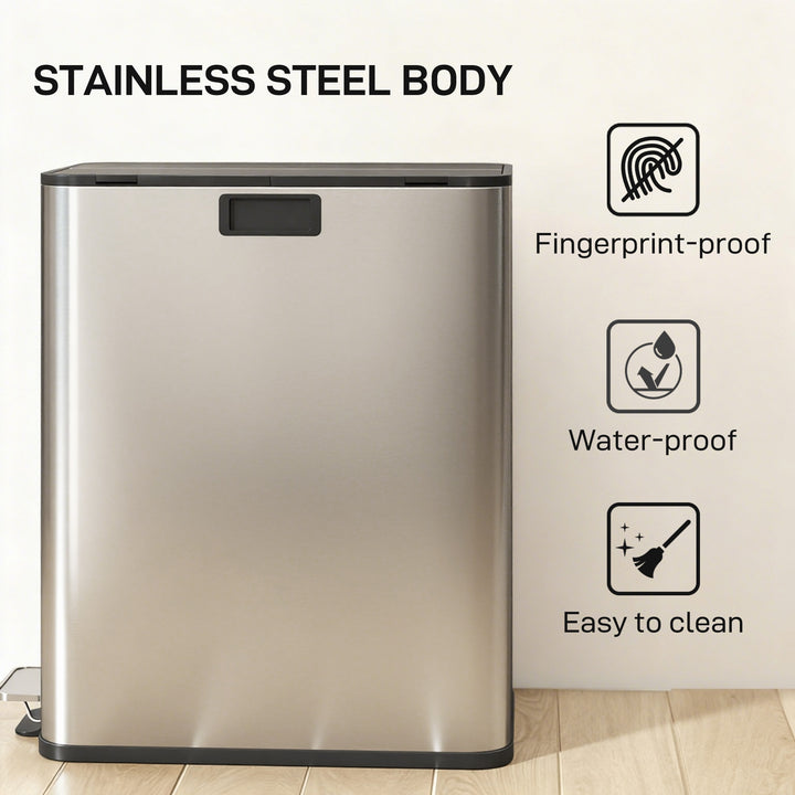 MCL Dual Kitchen Bin with Soft-Close Butterfly Lid, 2 x 28L Stainless Steel Pedal Bin with Removable Inner Buckets, Fingerprint-Proof for Recycling and Waste, Silver Tone