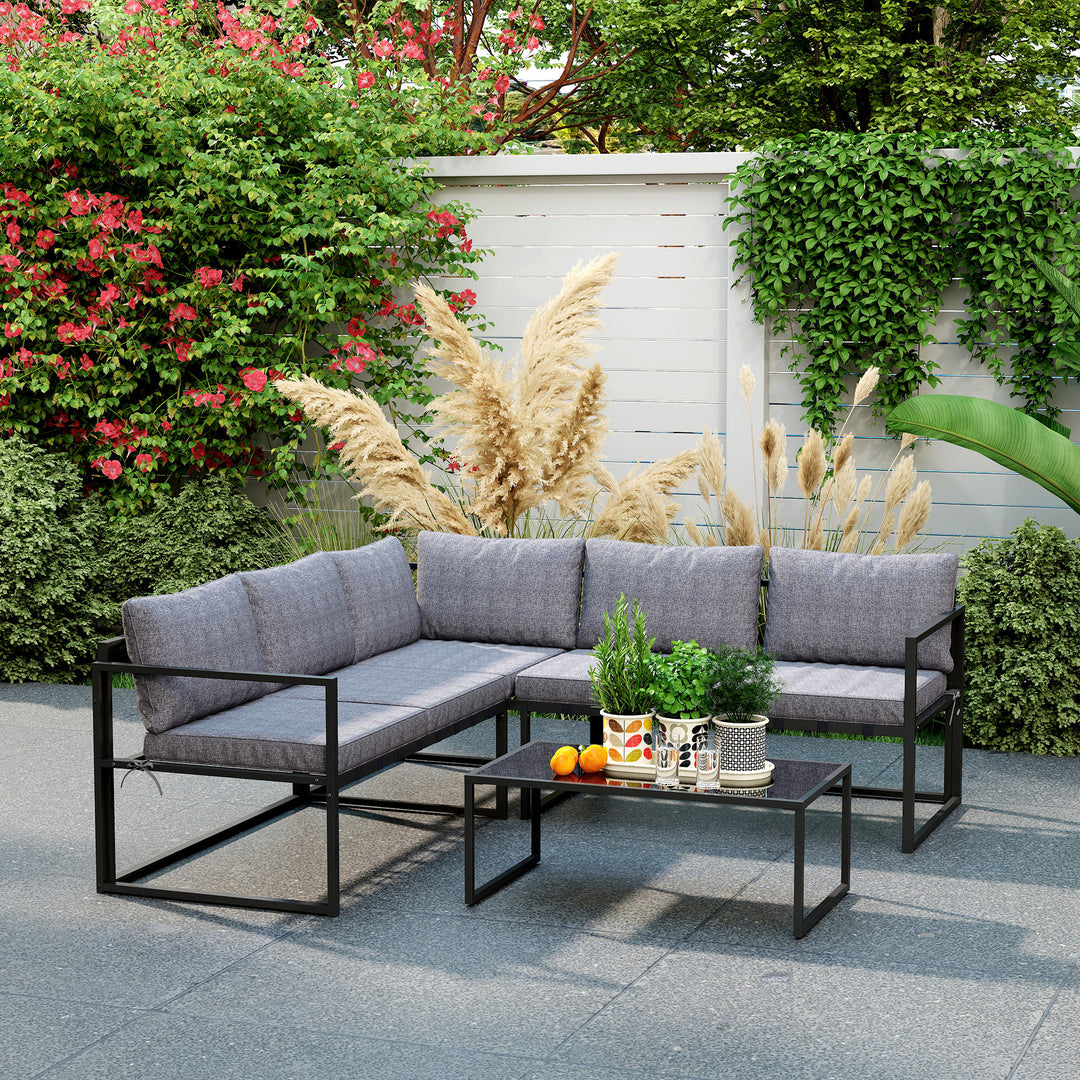 Three-Piece L Shaped Garden Furniture Set with Cushions - Grey